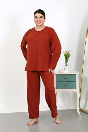 Kadın Büyük Beden Uzun Kol Penye Pijama Takımı Kiremit 202501