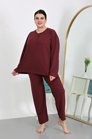 Kadın Büyük Beden Uzun Kol Penye Pijama Takımı Bordo 202501