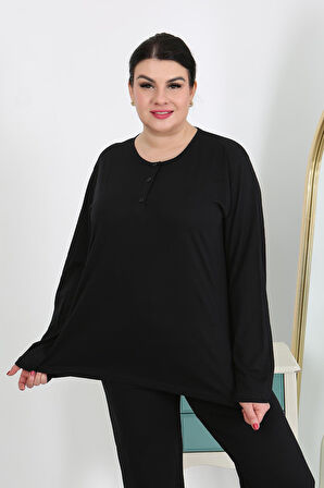 Kadın Büyük Beden Uzun Kol Penye Pijama Takımı Siyah 202501
