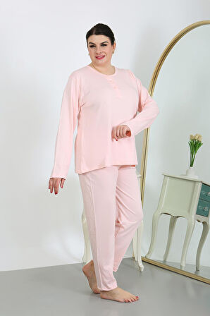 Kadın Büyük Beden Uzun Kol Penye Pijama Takımı Pembe 202501