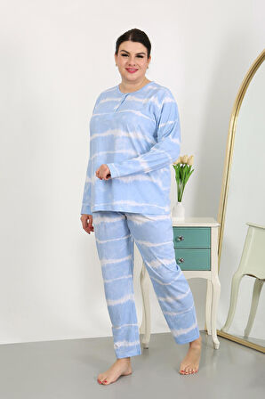 Kadın Büyük Beden Uzun Kol Penye Pijama Takımı Mavi 202502