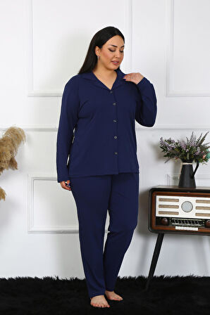 Kadın Büyük Beden Pamuklu Cepli Düğmeli Lacivert Pijama Takım 202401