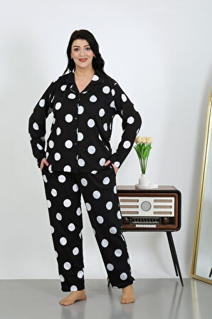 Kadın Büyük Beden Pamuklu Cepli Düğmeli Siyah Pijama Takım 202504