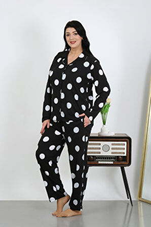 Kadın Büyük Beden Pamuklu Cepli Düğmeli Siyah Pijama Takım 202504