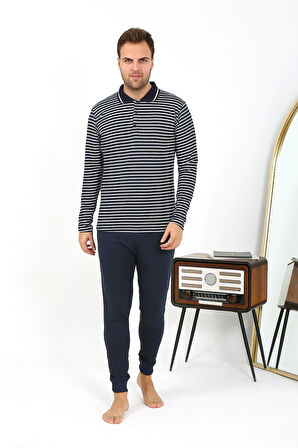 Erkek Polo Yaka Uzun Kol Penye Pijama Takımı Lacivert 6864