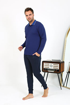 Erkek Polo Yaka Uzun Kol Penye Pijama Takımı Gri 6865