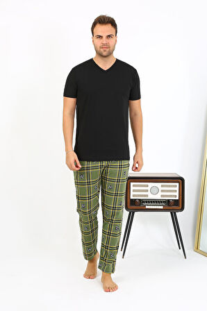 Erkek Ekoseli Desen Penye Tek Alt Pijama 27540 Haki