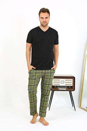 Erkek Ekoseli Desen Penye Tek Alt Pijama 27540 Haki