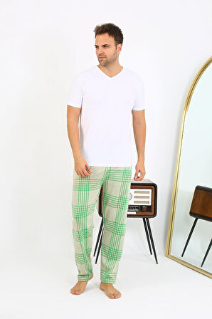 Erkek Ekoseli Desen Penye Tek Alt Pijama 27540 Yeşil