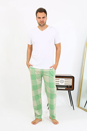 Erkek Ekoseli Desen Penye Tek Alt Pijama 27540 Yeşil