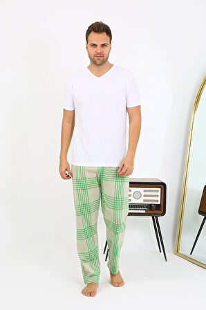 Erkek Ekoseli Desen Penye Tek Alt Pijama 27540 Yeşil