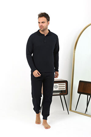 Erkek Polo Yaka Uzun Kol Penye Pijama Takımı 6862 Lacivert