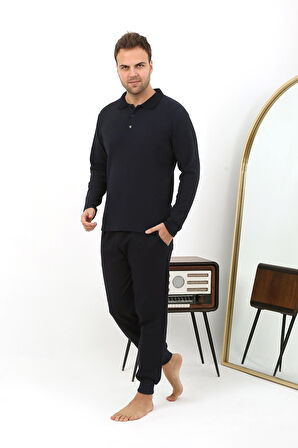 Erkek Polo Yaka Uzun Kol Penye Pijama Takımı 6862 Lacivert