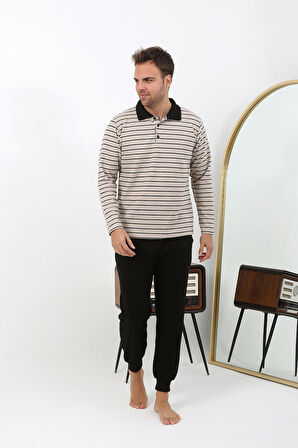 Erkek Polo Yaka Uzun Kol Penye Pijama Takımı 6862 Krem