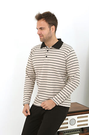 Erkek Polo Yaka Uzun Kol Penye Pijama Takımı 6862 Krem