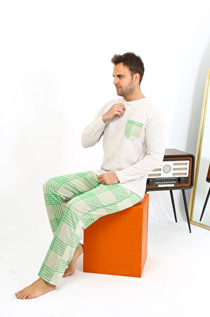 Erkek Uzun Kol Penye Krem Pijama Takımı 6861