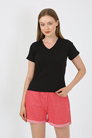 Kadın Kısa Kol Penye Şortlu Pijama Takım Siyah 3633