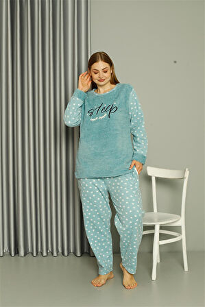Welsoft Polar Kadın Büyük Beden Su Yeşili Pijama Takımı 808046