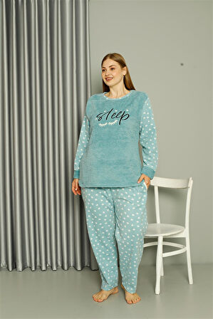 Welsoft Polar Kadın Büyük Beden Su Yeşili Pijama Takımı 808046