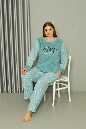Welsoft Polar Kadın Büyük Beden Su Yeşili Pijama Takımı 808046