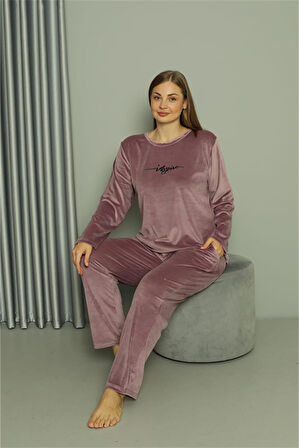 Büyük Beden Kadın Kadife Mor Pijama Takım 20628
