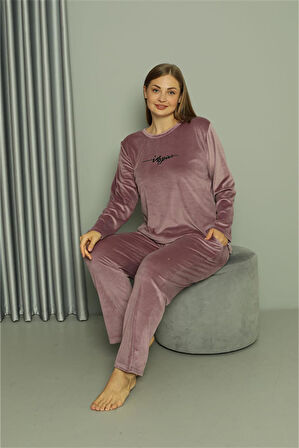 Büyük Beden Kadın Kadife Mor Pijama Takım 20628