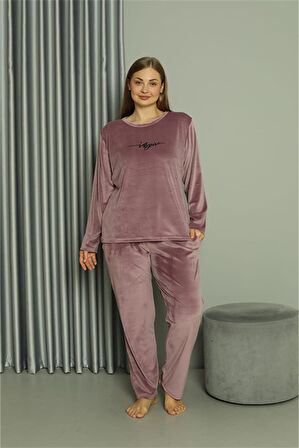 Büyük Beden Kadın Kadife Mor Pijama Takım 20628