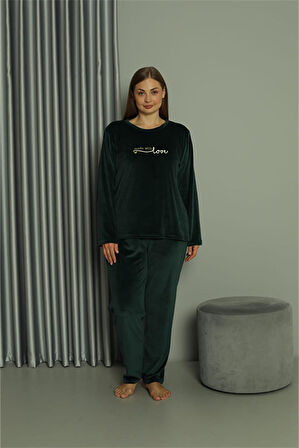 Büyük Beden Kadın Kadife Yeşil Pijama Takım 20628