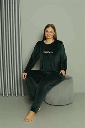 Büyük Beden Kadın Kadife Yeşil Pijama Takım 20628