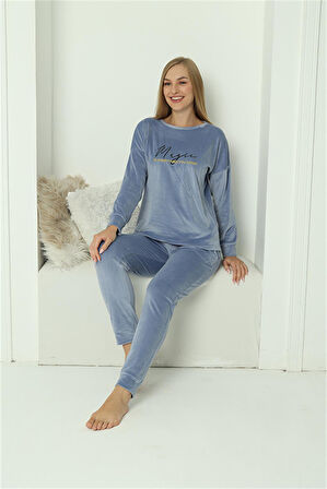 Kadın Kadife Mavi Pijama Takım 20624