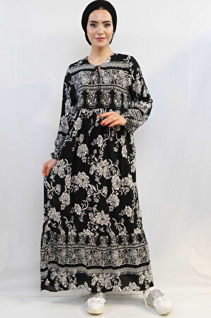 Vintage Desen Elbise Siyah