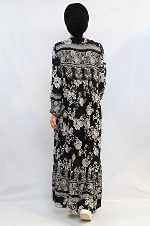 Vintage Desen Elbise Siyah