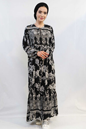 Vintage Desen Elbise Siyah