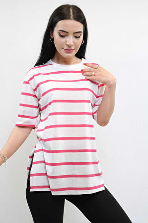 Çizgili Penye Tshirt Pembe
