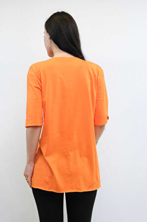 Bisiklet Yaka Oversize Tshirt Turuncu