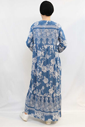 Vintage Desen Elbise Mavi