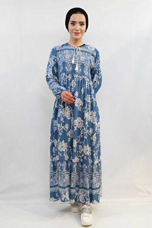 Vintage Desen Elbise Mavi