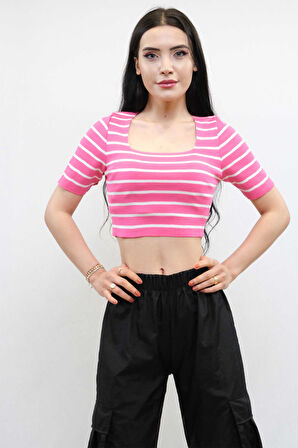 Triko Crop Çizgili Pembe