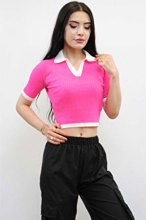 Renkli Yaka Triko Crop Pembe