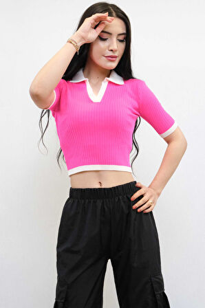 Renkli Yaka Triko Crop Pembe