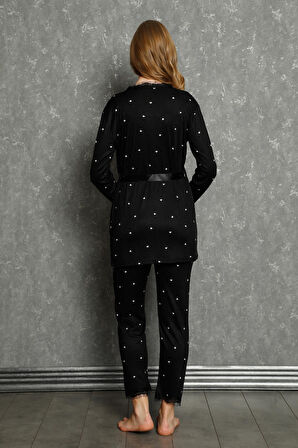 Kadın %100 Pamuk 3'lü Sabahlık Pijama Takım 16103