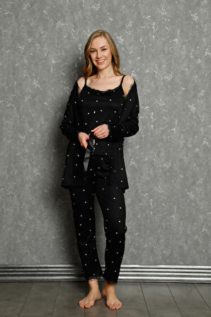 Kadın %100 Pamuk 3'lü Sabahlık Pijama Takım 16103