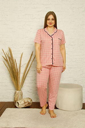 Kadın Pamuklu Cepli Kısa Kol Büyük Beden Pijama Takım 202126