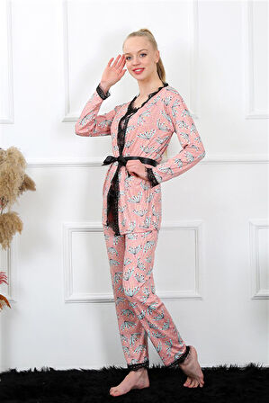 Kadın 3'lü Somon Sabahlık Pijama Takım 16103