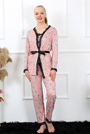Kadın 3'lü Somon Sabahlık Pijama Takım 16103