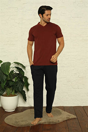 Erkek Bordo V Yaka 3'lü Pijama Takım 6822