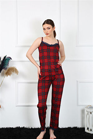 Kadın İp Askılı Kırmızı Ekoseli Pijama Takım 4135