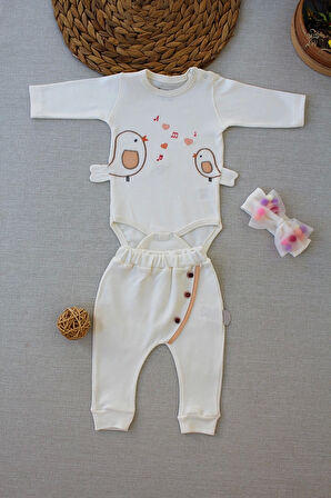 3-6 6-9 9-12 Ay Şarkıcı Kuşlar Nakışlı Bandanalı Uzun Kollu Zıbınlı 3lü Kız Bebek Takımı Ekru