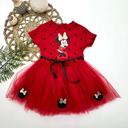 2-3-4 Yaş Puantiyeli Mickey Baskılı Kurdela Kuşaklı Astarlı Kız Bebek Tütü Elbisesi Kırmızı