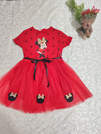 2-3-4 Yaş Puantiyeli Mickey Baskılı Kurdela Kuşaklı Astarlı Kız Bebek Tütü Elbisesi Kırmızı